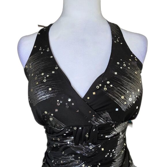 Taboo Black Sequin Ruched Halter Mini Dress Metallic Club Y2K Disco Hoco Prom S - Picture 3 of 8